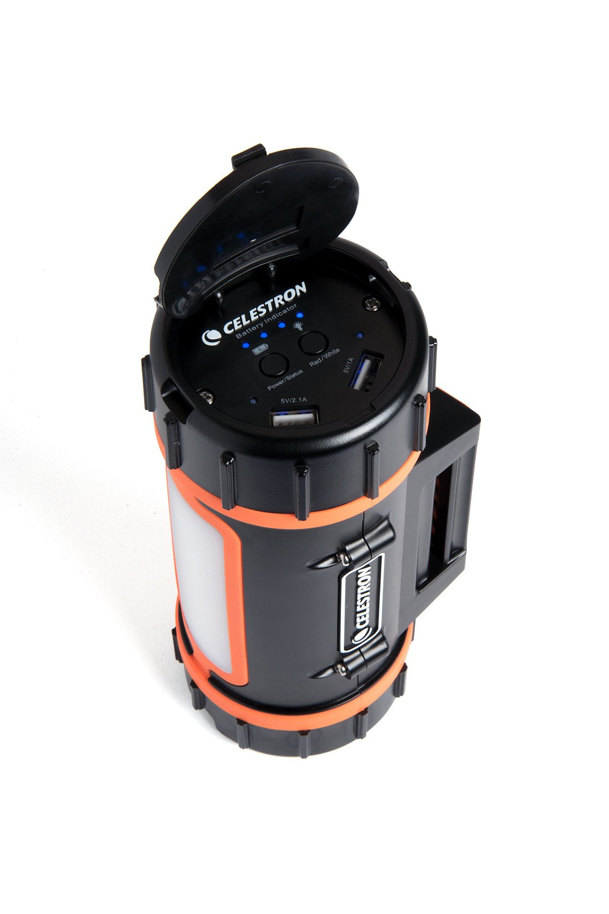 Indicateur de batterie Celestron noir avec accents orange et ports USB.