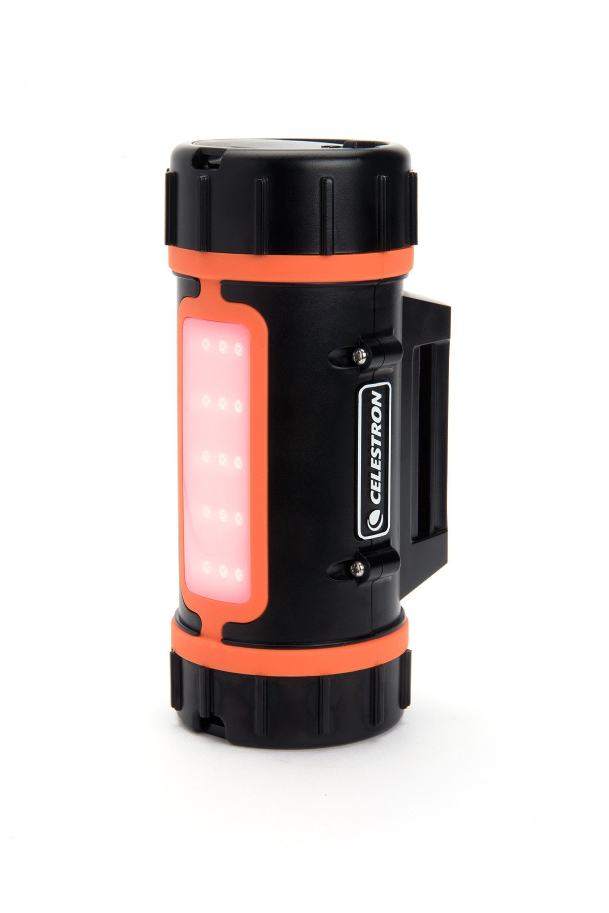 Lampe torche Celestron noire et orange avec panneau LED rouge et poignée.