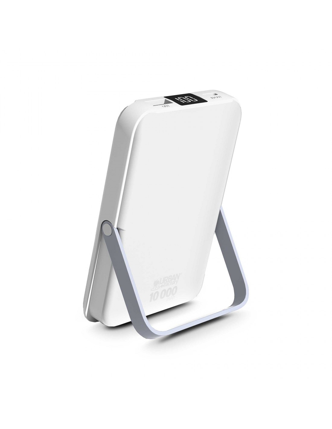 Una batería externa blanca con pantalla digital que muestra 100.