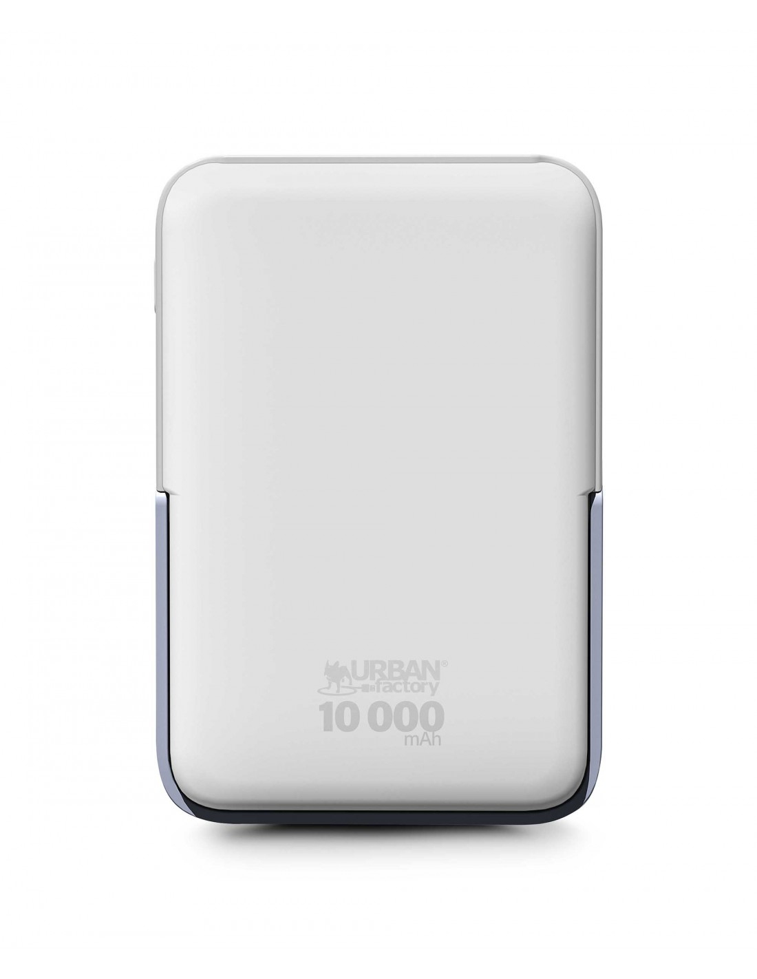 Una batería externa blanca Urban Factory de 10.000 mAh, sobre fondo blanco.