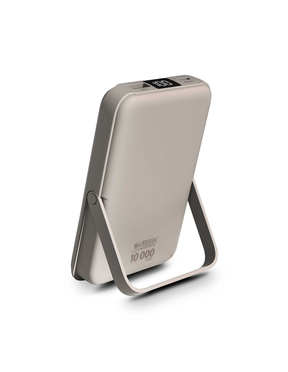 Eine silberne Powerbank mit Digitalanzeige (100) steht auf ihrem Metallständer.