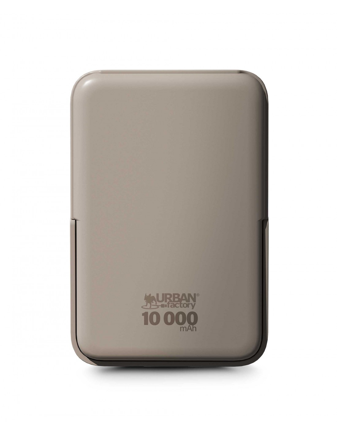 Graue Powerbank mit 10.000 mAh Kapazität und Urban Factory Logo.