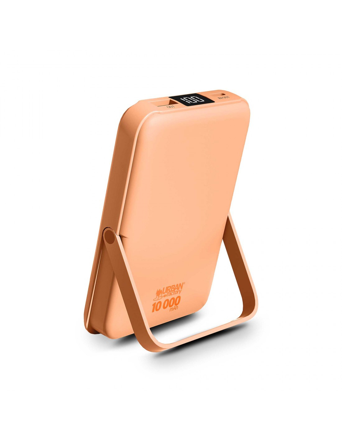 Ein pfirsichfarbenes Powerbank mit Digitalanzeige (100) auf weißem Grund.