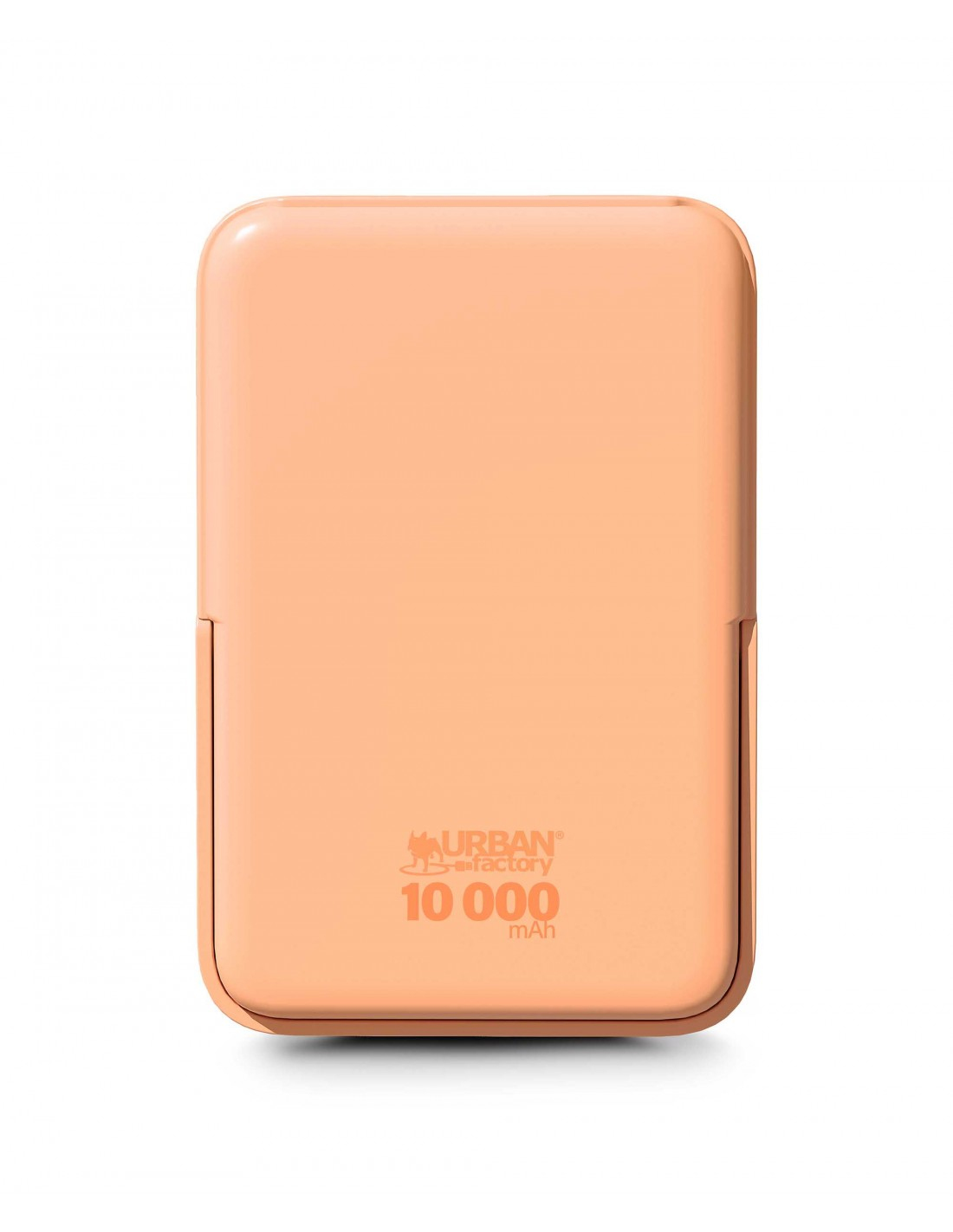Ein korallenfarbenes Urban Factory 10.000 mAh Powerbank-Gerät.