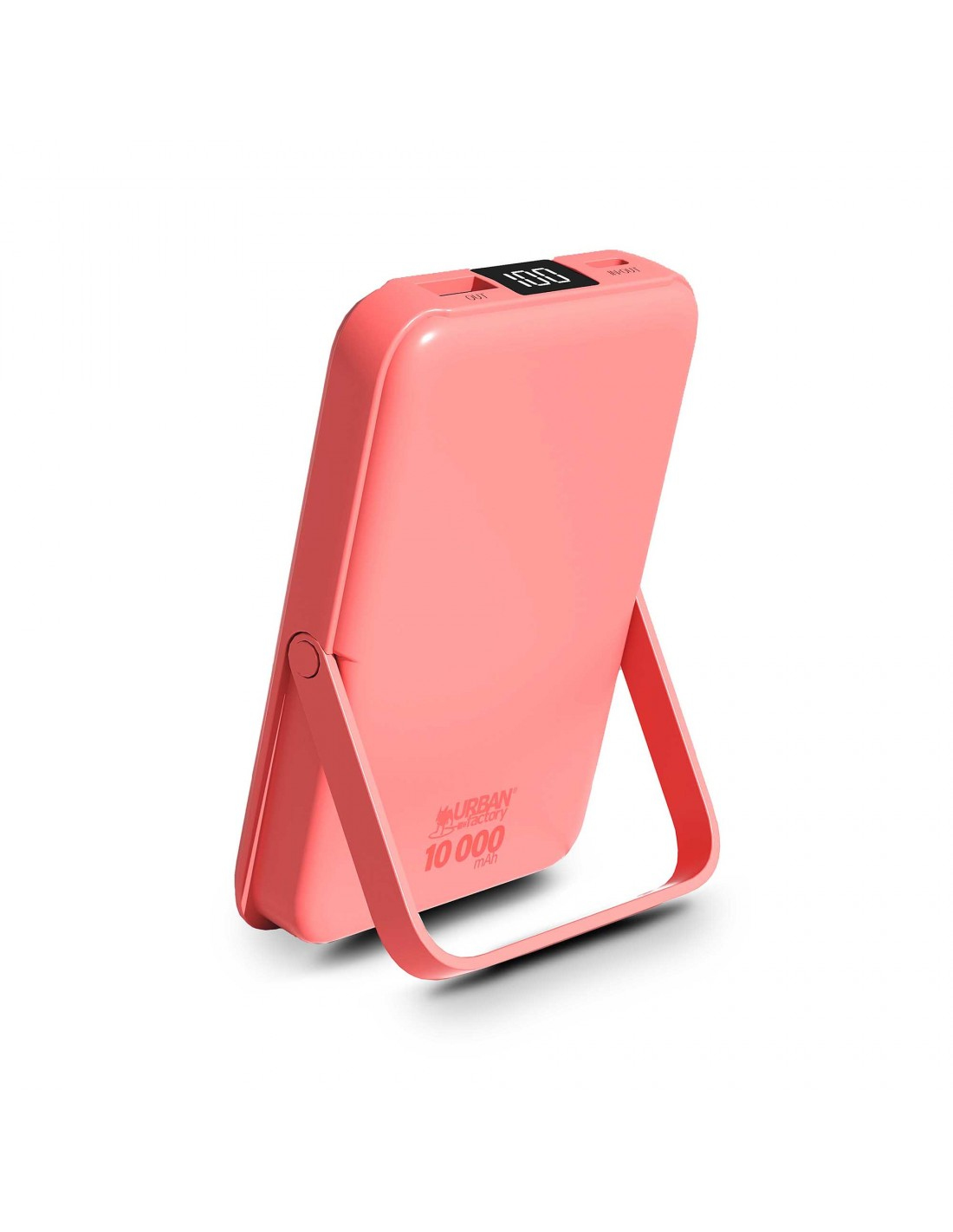 Batterie externe rose avec écran numérique affichant 100%, sur fond blanc.