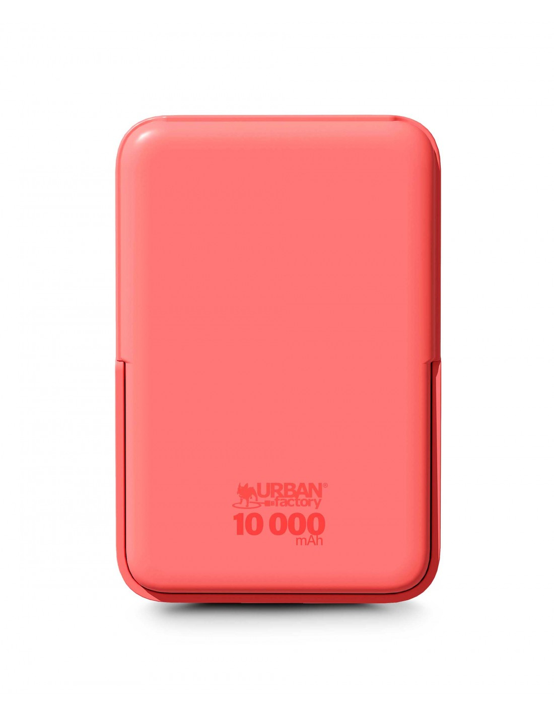 Une power bank Urban Factory rouge corail de 10000 mAh.
