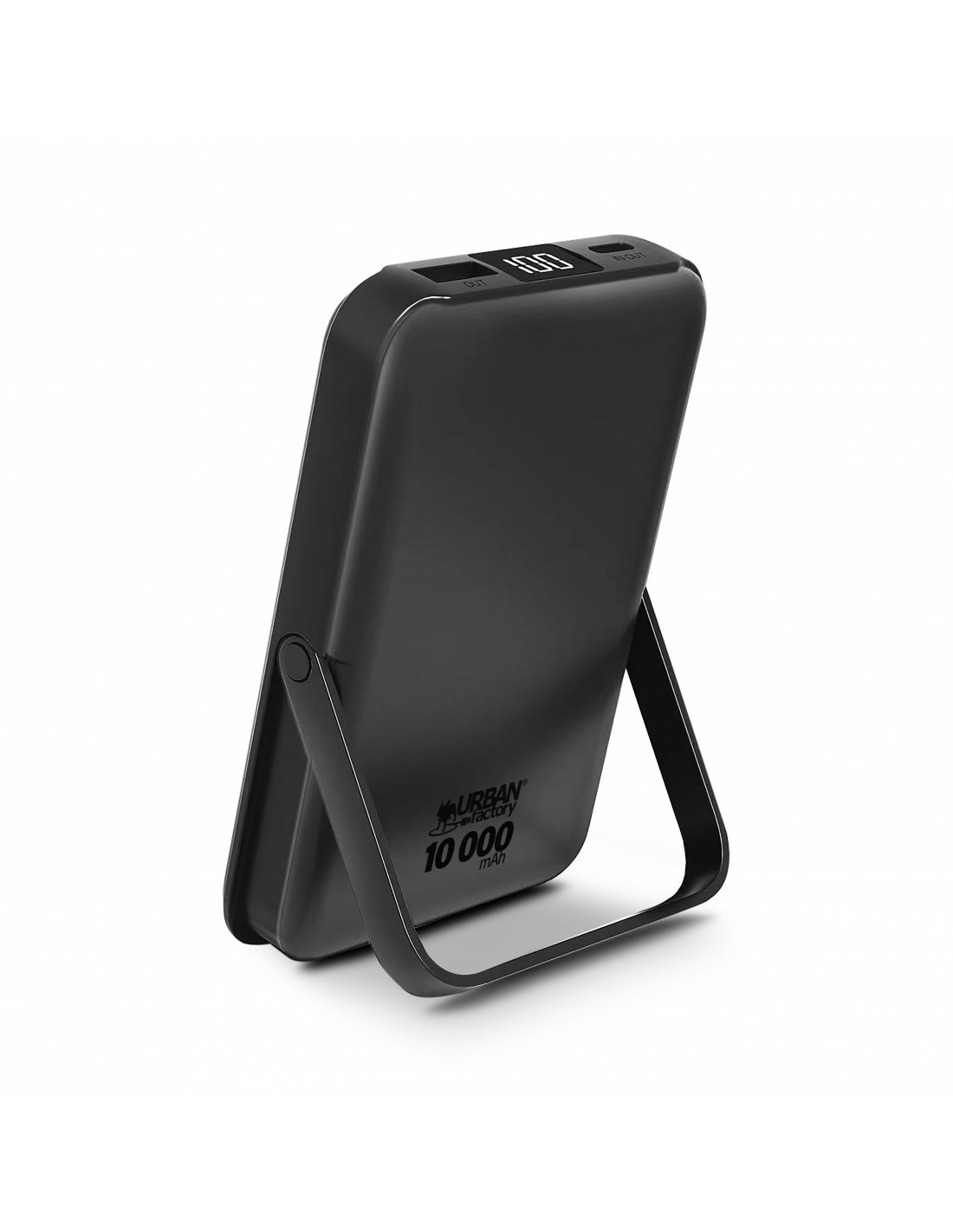 Batería externa negra con soporte. Pantalla digital muestra 100%. 10.000 mAh.