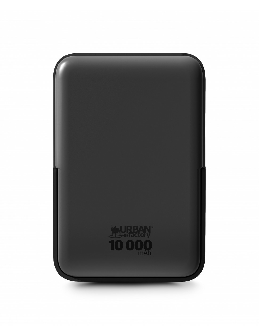 Batería externa rectangular negra con esquinas redondeadas. Logo y 10.000 mAh.