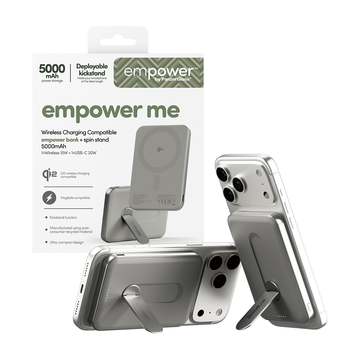Een zilveren smartphone met een draadloze oplaadbare powerbank en standaard.