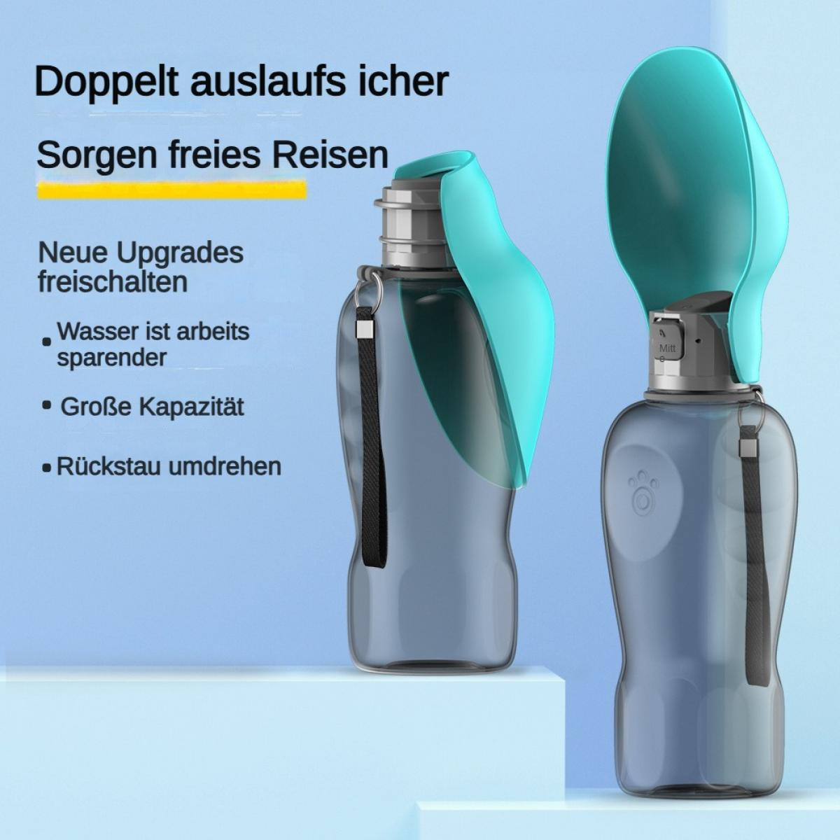 Zwei tragbare Hundenapf-Flaschen mit türkisfarbenen Deckeln und Trageschlaufen.