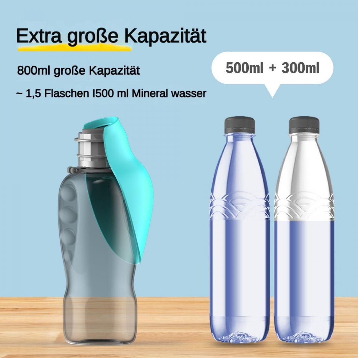 Ein transparenter Trinkbehälter mit blauem Deckel, daneben zwei Wasserflaschen.