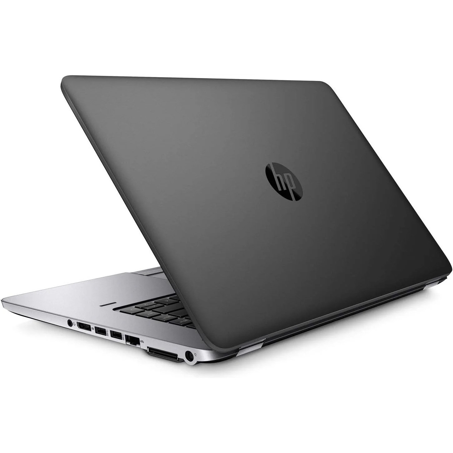 Ein geschlossener schwarzer HP Laptop mit einem silbernen Rand und Tastatur.
