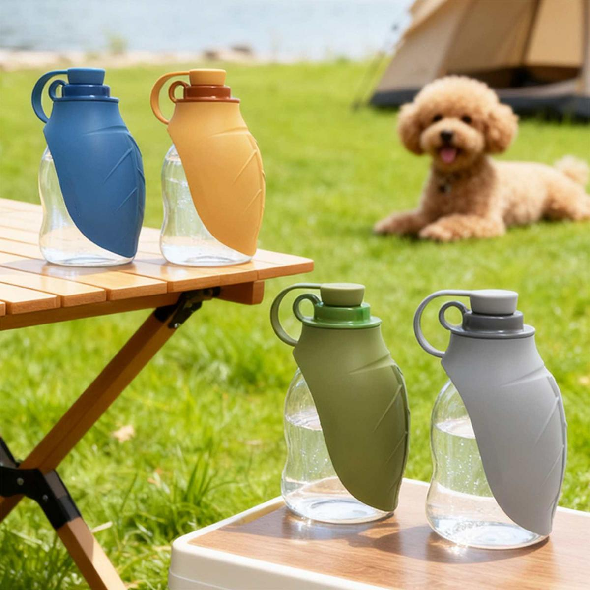 Vier bunte Wasserflaschen für Haustiere stehen auf einem Holztisch. Ein Hund liegt im Hintergrund.