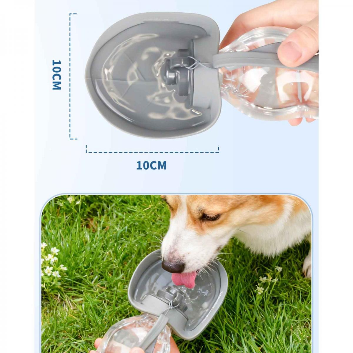 Grauer Hundenapf mit 10cm Maßen, ein Hund trinkt daraus.
