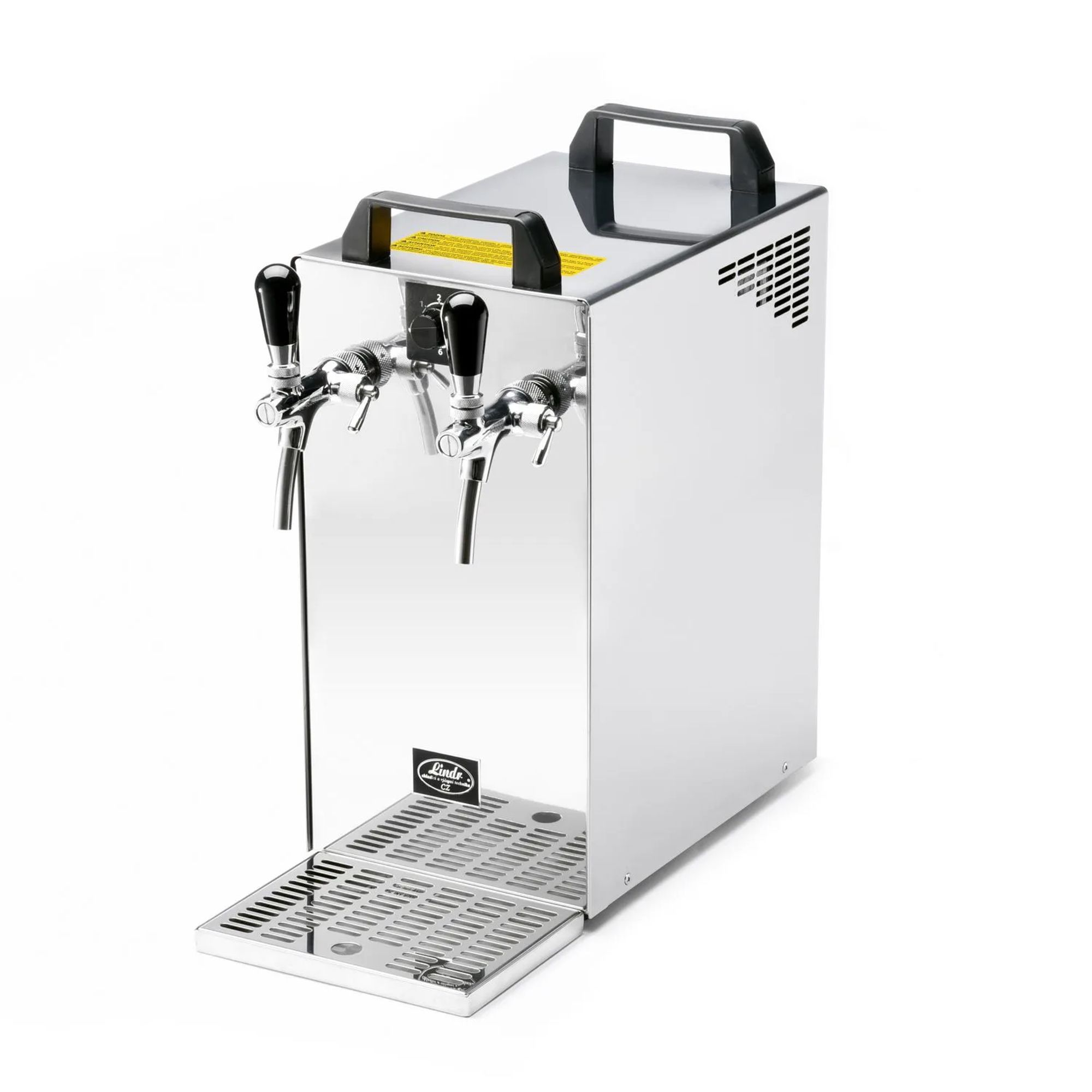 Edelstahl-Bierkühler mit zwei Zapfhähnen, Tragegriffen und Tropfschale.