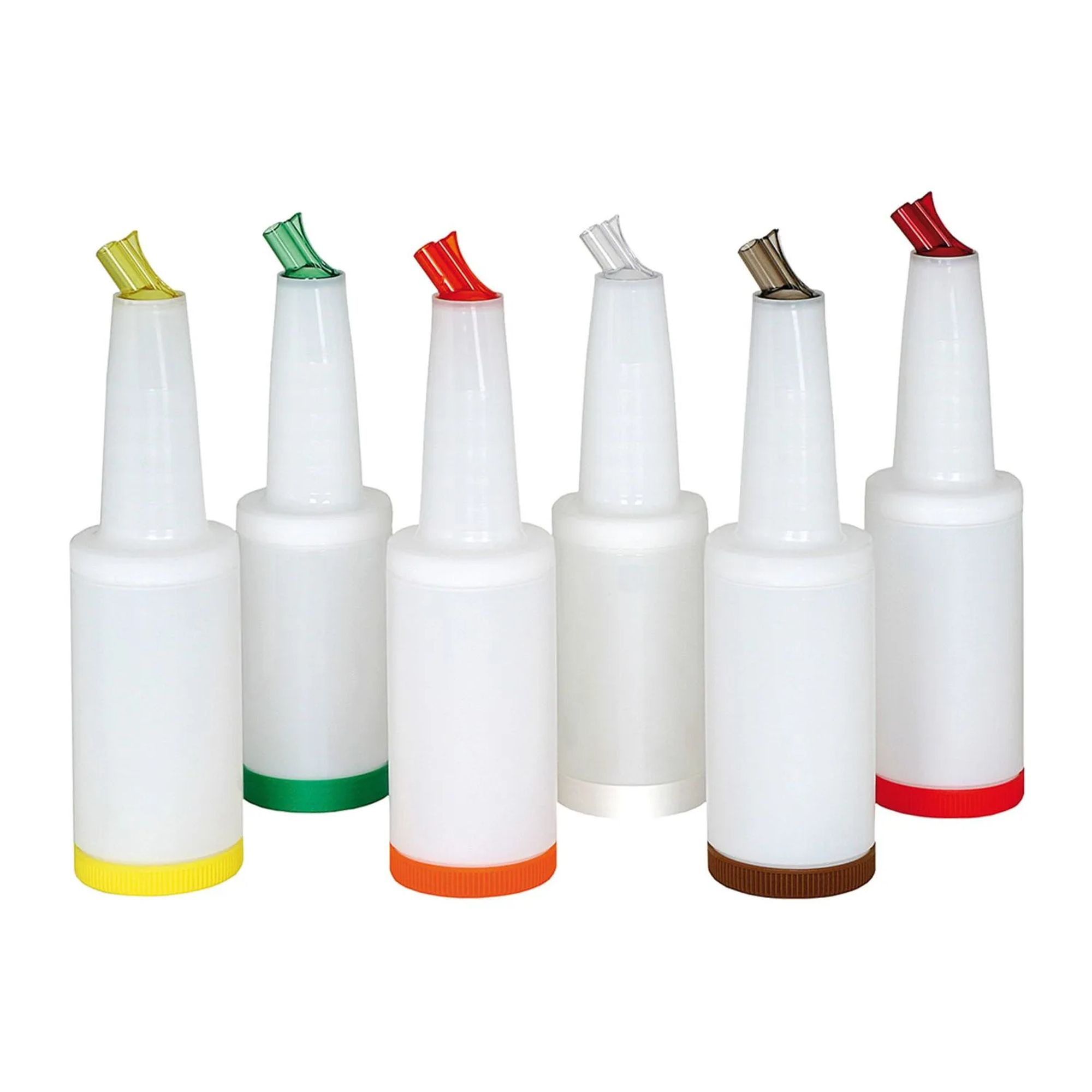 Sei bottiglie bianche con tappi e beccucci colorati in giallo, verde, rosso, trasparente, marrone, rosso.