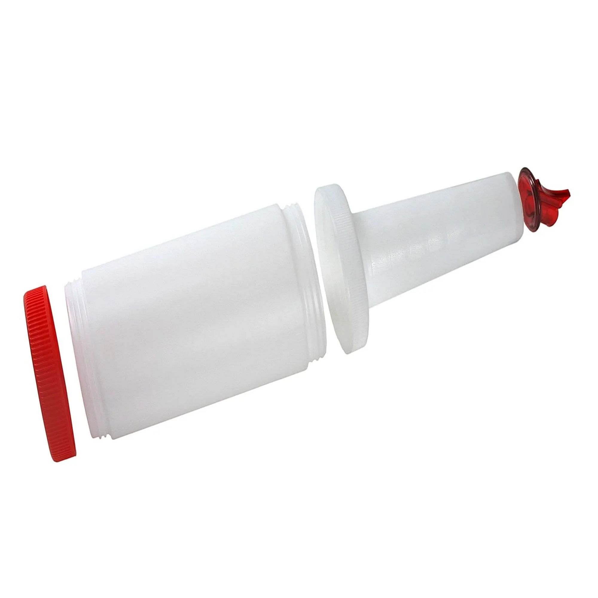 Flacone bianco in plastica con tappo rosso e beccuccio rosso.