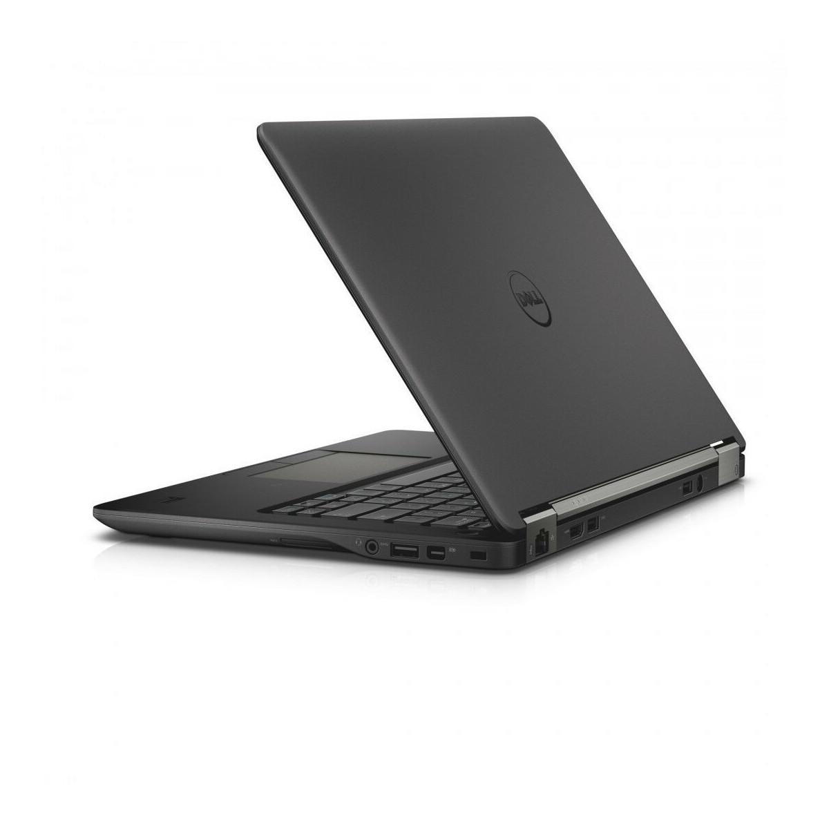 Schwarzer Dell Laptop mit geöffnetem Bildschirm und Tastatur, auf weißem Hintergrund.