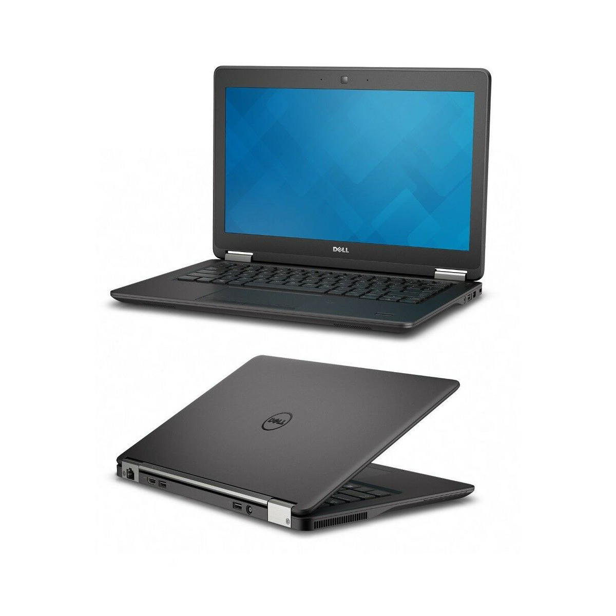 Ein geöffneter und ein geschlossener schwarzer Dell Laptop auf weißem Hintergrund.