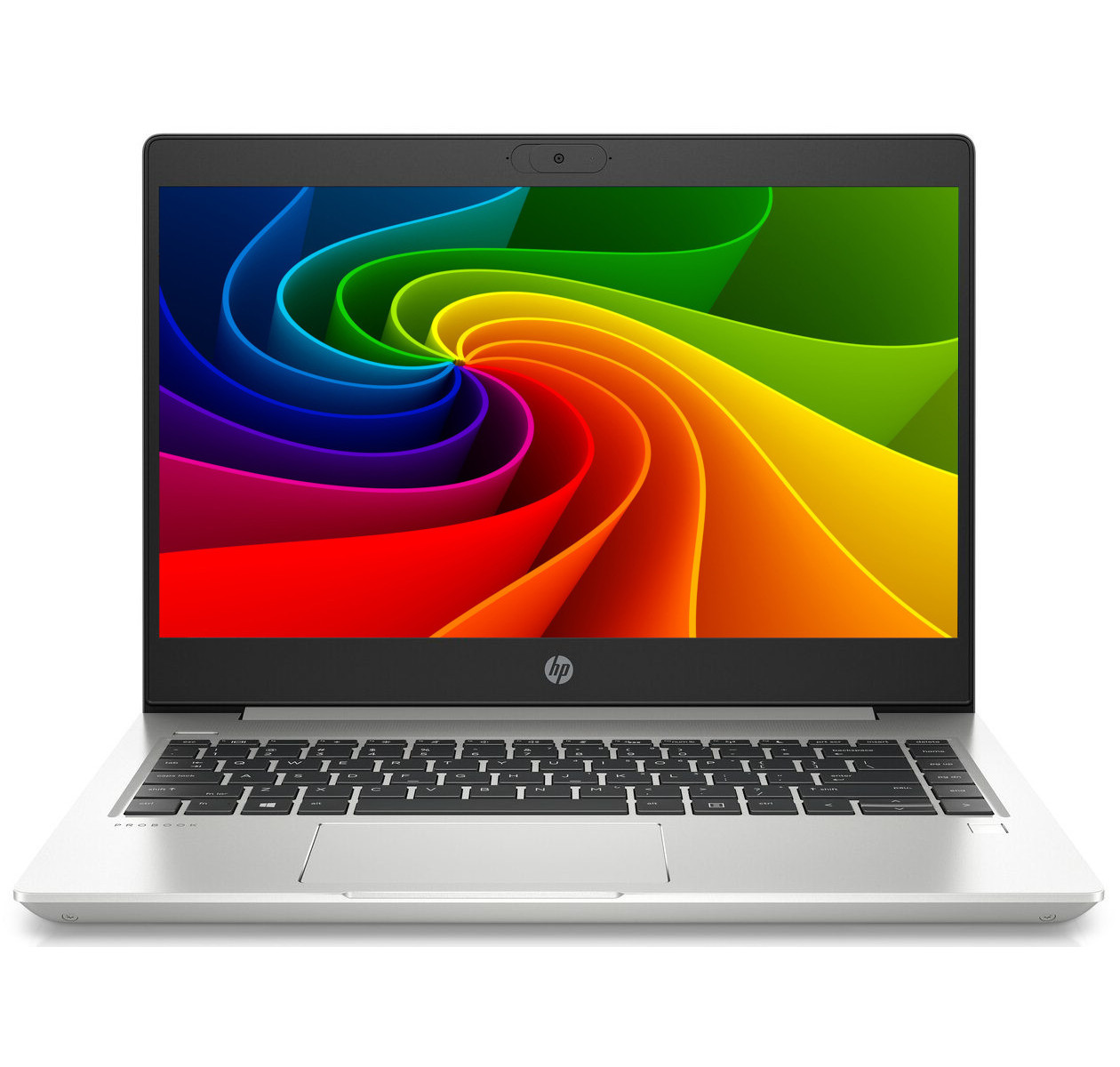 Ein silberner HP Laptop mit einem bunten Wirbelmuster auf dem Bildschirm.
