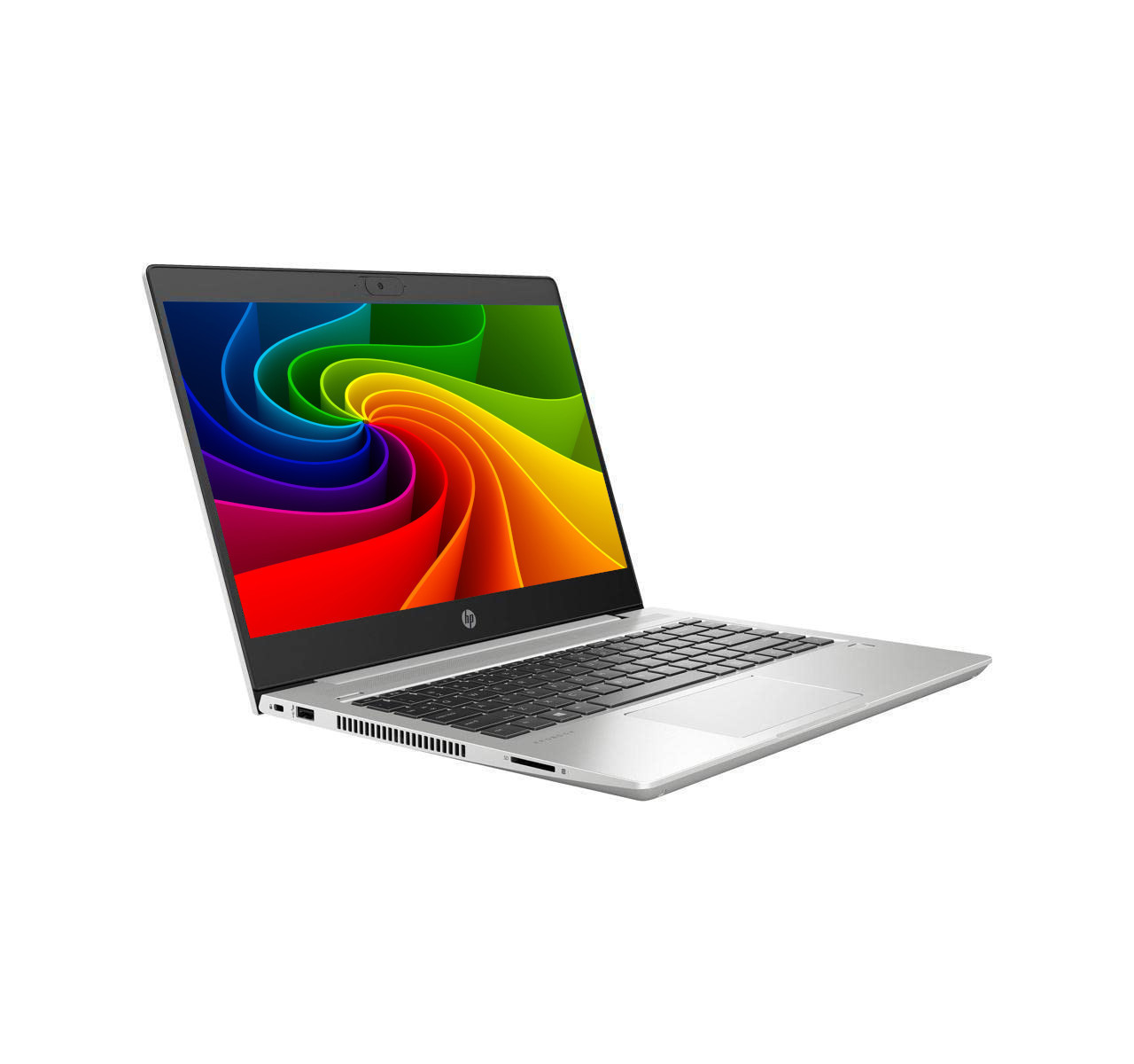 Ein offenes silbernes HP Laptop mit einem bunten Hintergrundbild auf dem Bildschirm.