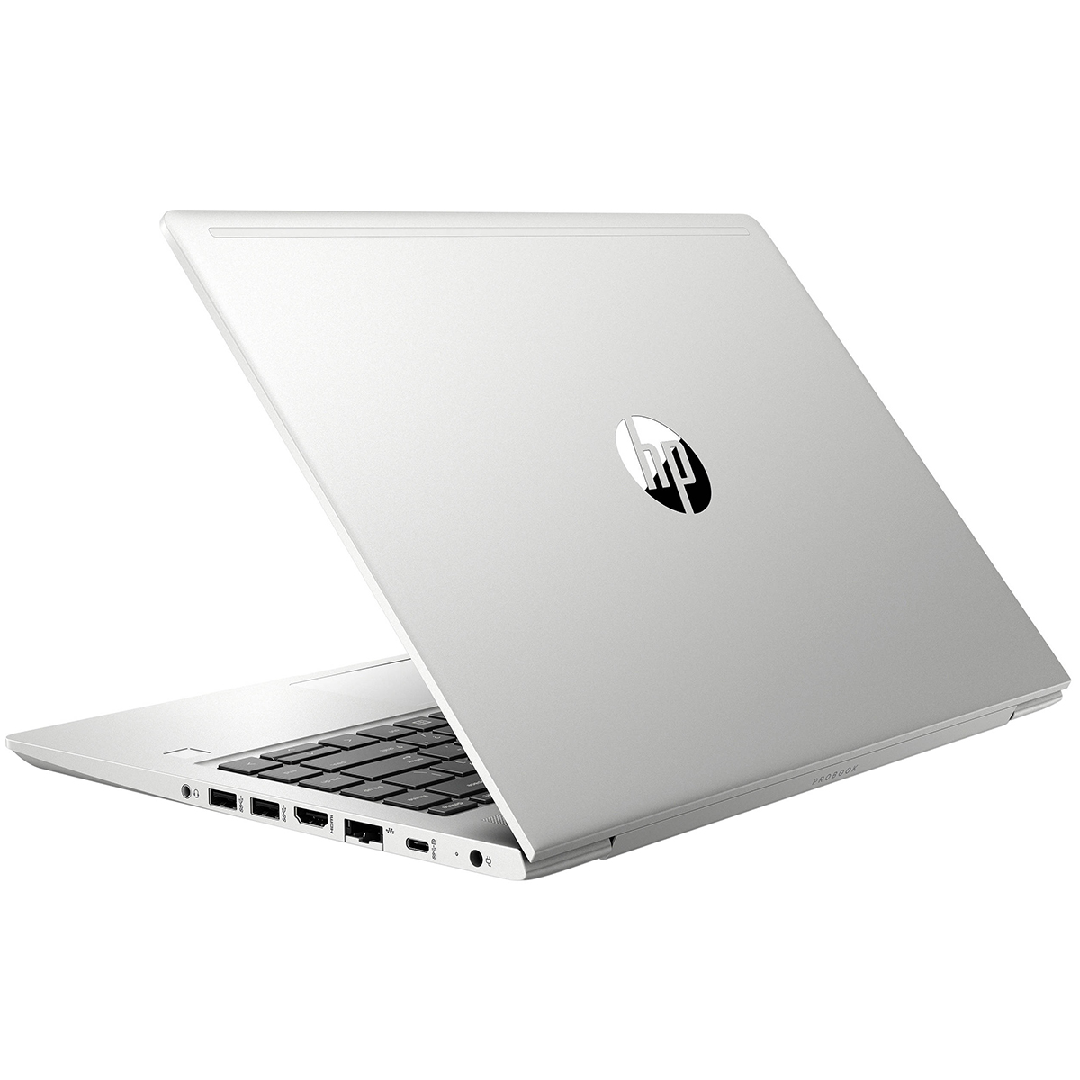 Silberner HP ProBook Laptop mit offenem Deckel, Blick auf die Rückseite und Tastatur.