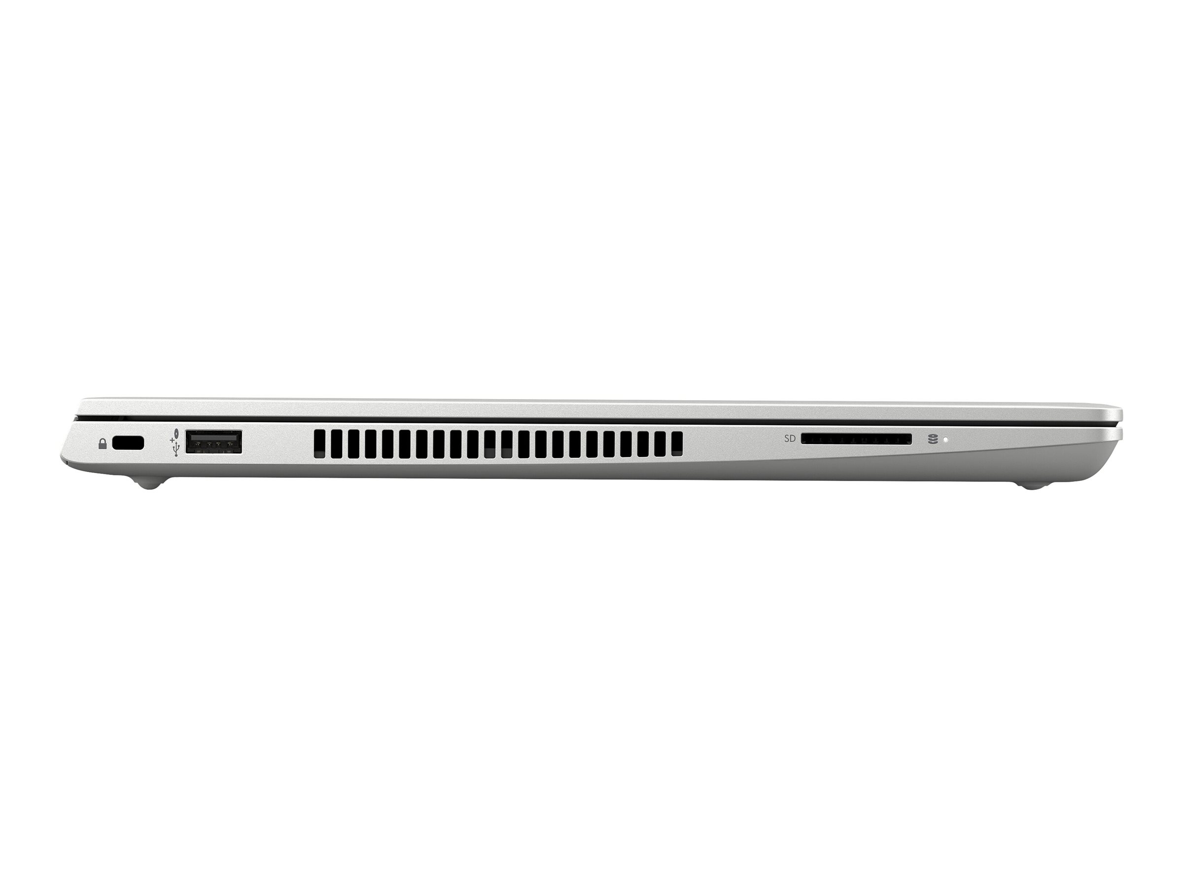 Seitenansicht eines silbernen Laptops mit Anschlüssen: USB, SD-Kartenleser.