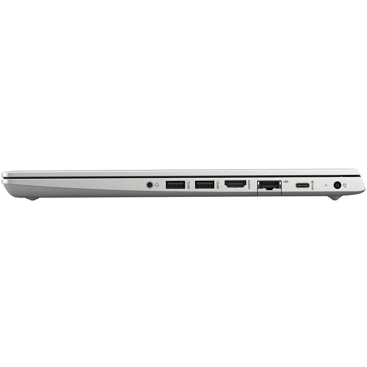 Ein silbernes Laptop-Profil mit Anschlüssen: Kopfhörer, 2x USB, HDMI, Ethernet, USB-C, Netzteil.