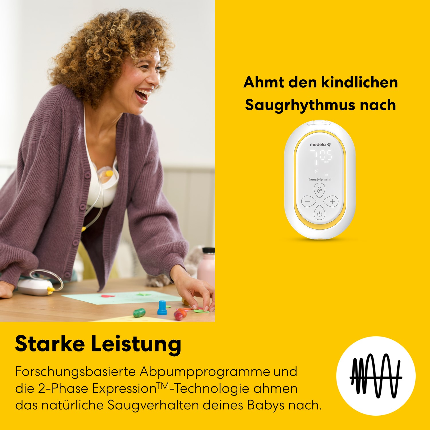 Frau lacht, Medela Freestyle Mini Milchpumpe, Text: "Ahmt den kindlichen Saugrhythmus nach".