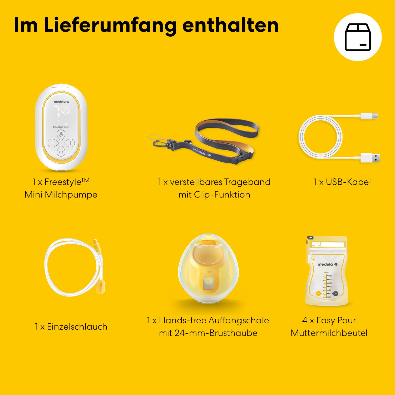 Medela Freestyle Mini Milchpumpe, Trageband, USB-Kabel, Schlauch, Auffangschale, Muttermilchbeutel