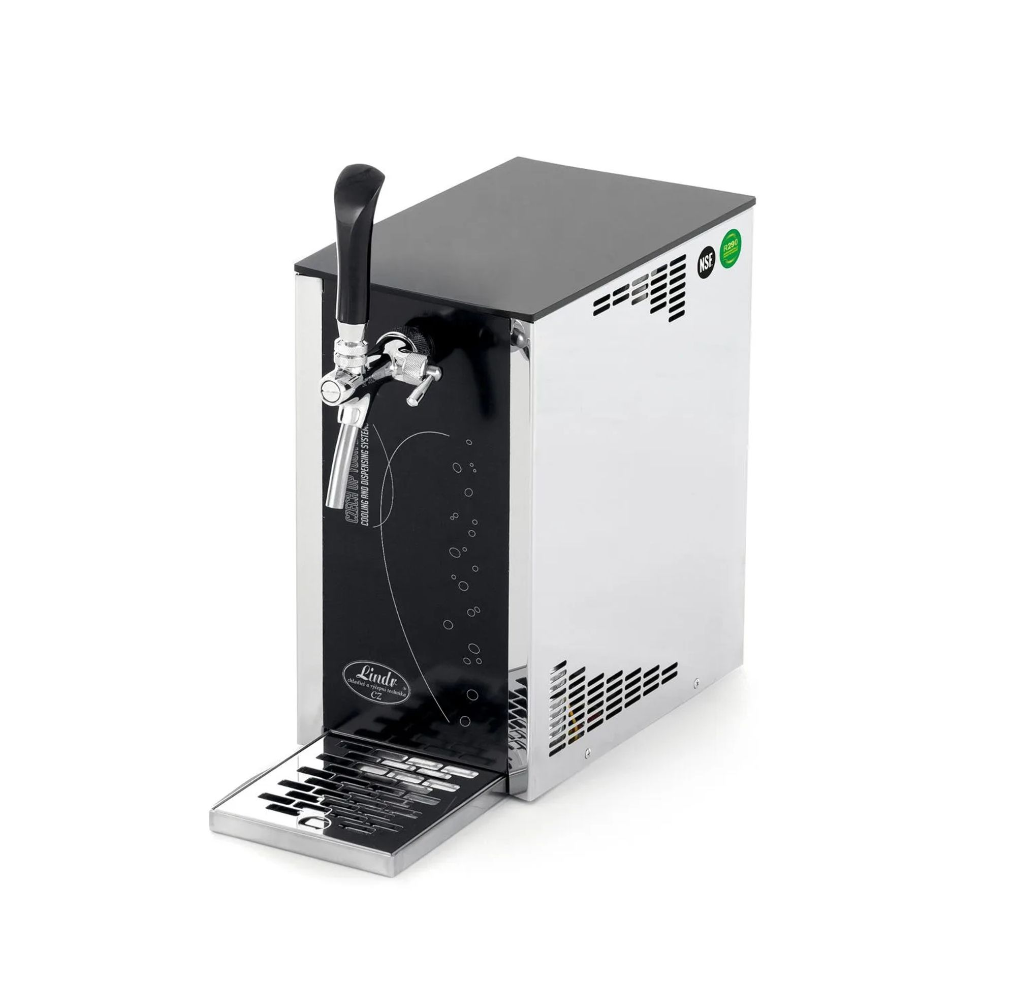 Ein silberner Zapfautomat mit schwarzem Oberteil und Zapfhahn.