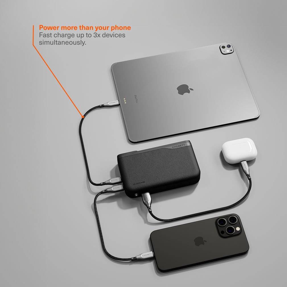 Eine schwarze Powerbank lädt gleichzeitig ein iPad, iPhone und AirPods.