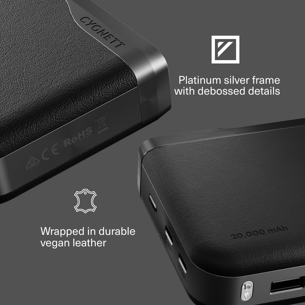 Schwarzes Powerbank mit veganem Leder und Platinrahmen. 20.000 mAh.
