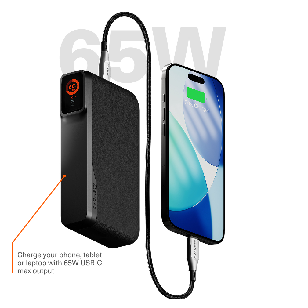 Schwarzes Powerbank mit Kabel lädt ein Smartphone, das 100% geladen ist.