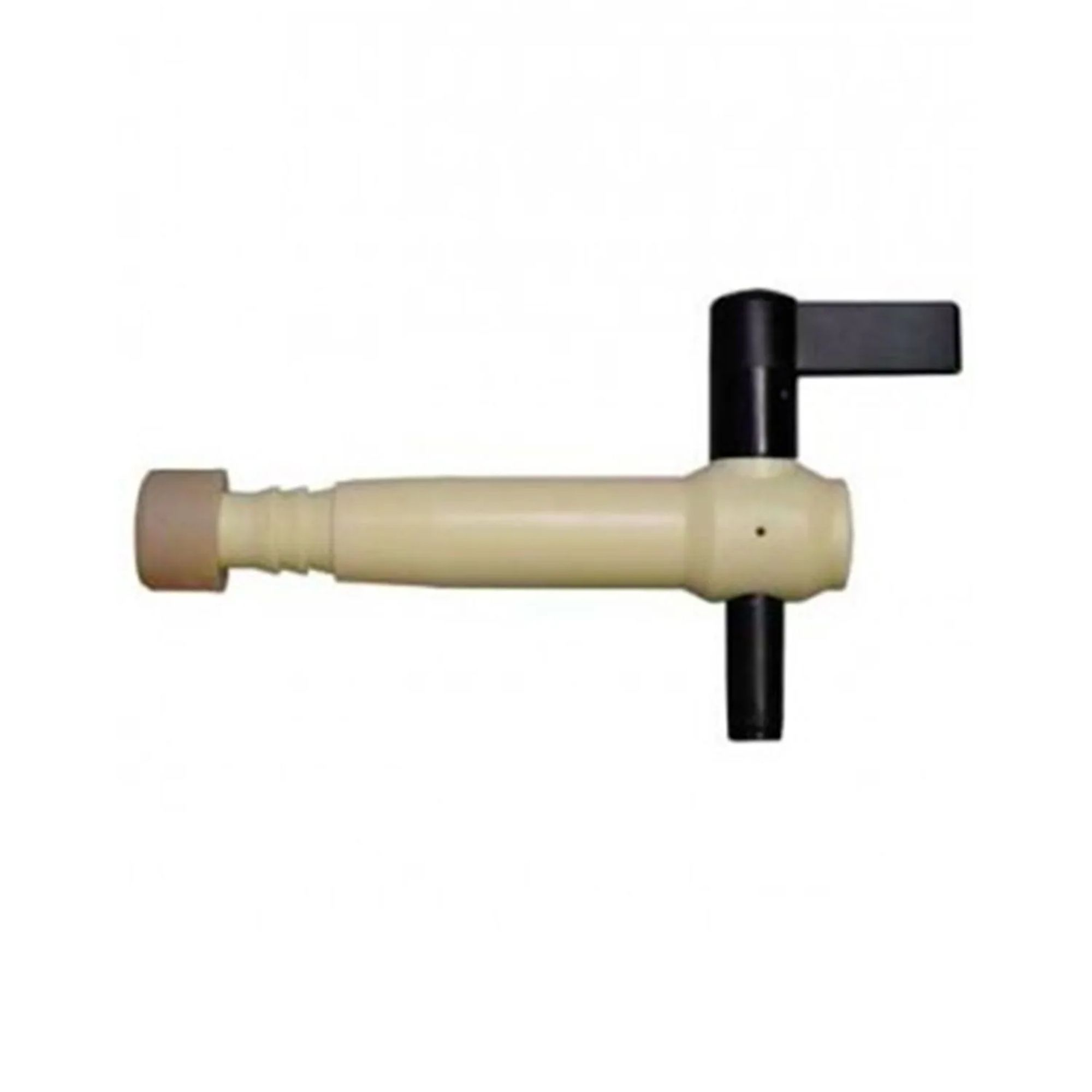 Un rubinetto in plastica beige con manico nero è mostrato su sfondo bianco.