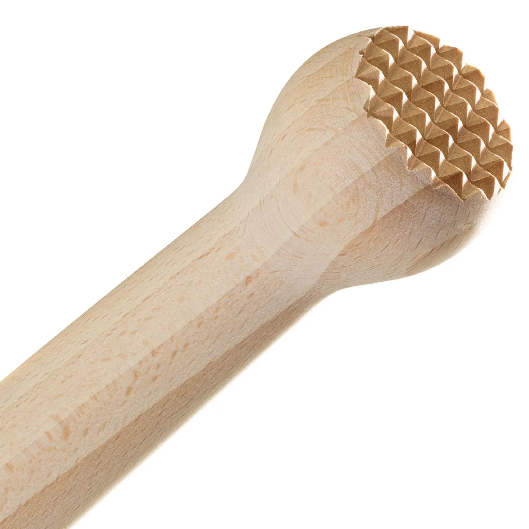 Un batticarne in legno con superficie battente sagomata.