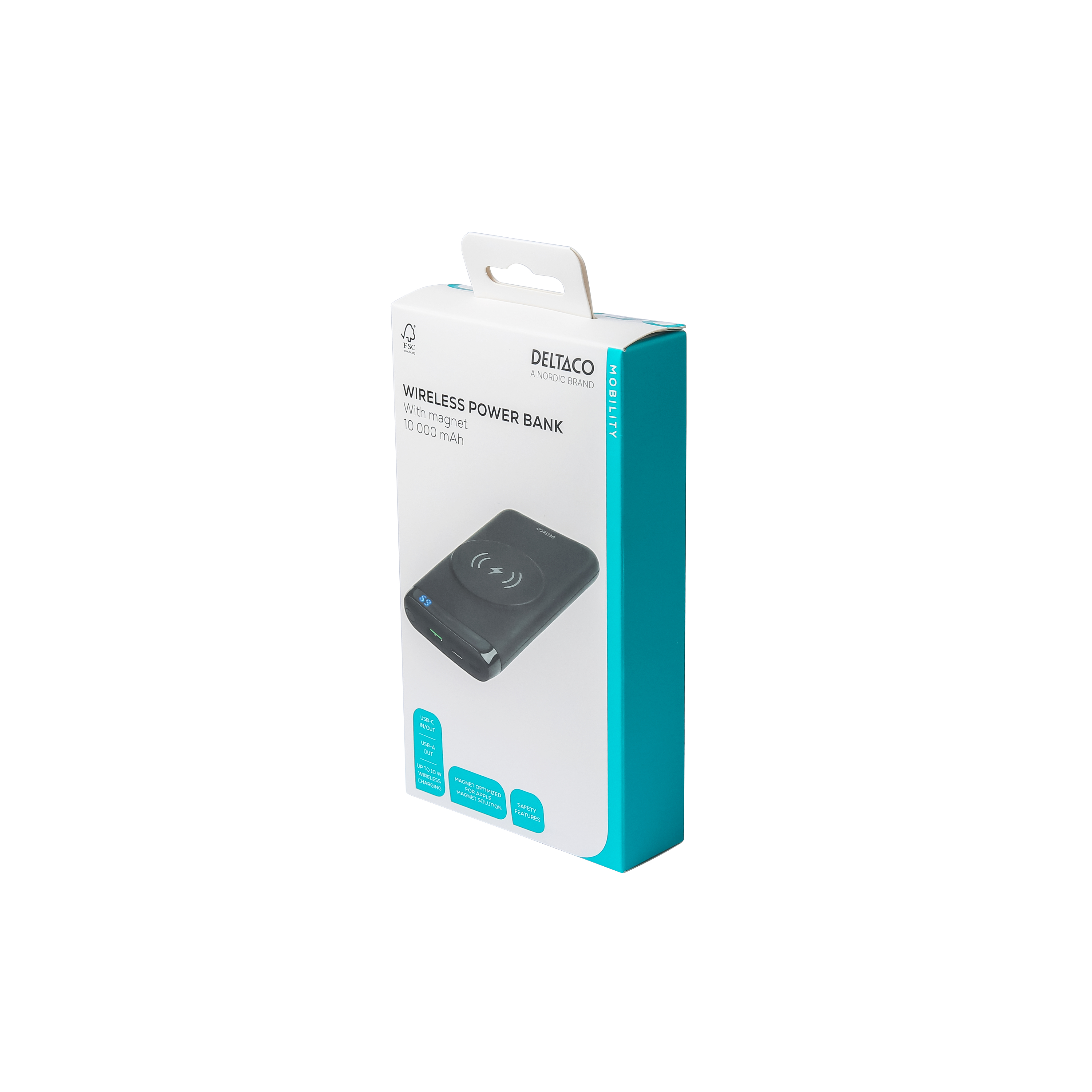 Confezione di un power bank wireless nero da 10.000 mAh.