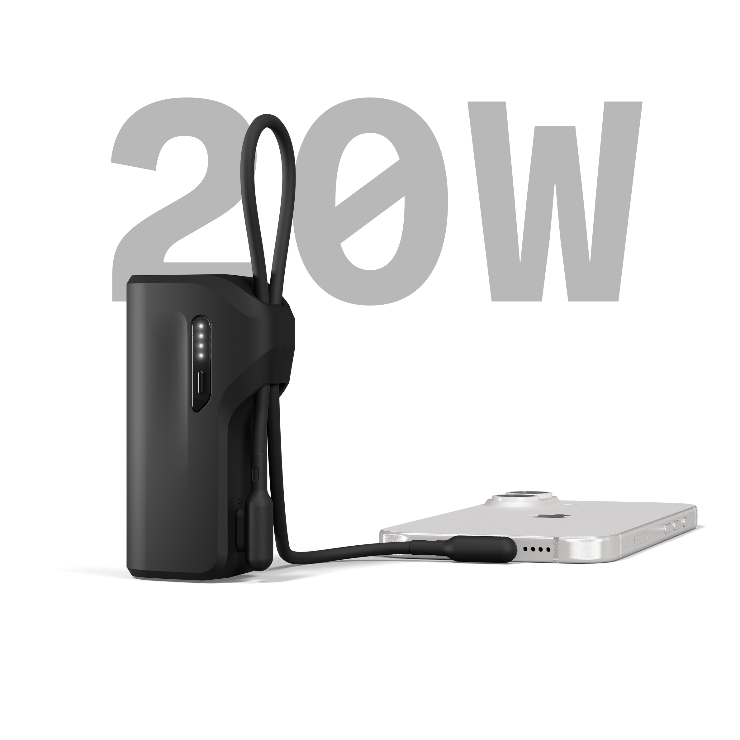 Batterie externe noire charge un iPhone avec 200W. Grand symbole 200W en arrière-plan.