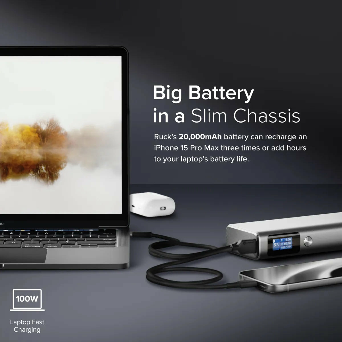 Laptop, power bank e smartphone collegati. Ricarica rapida laptop 100W.