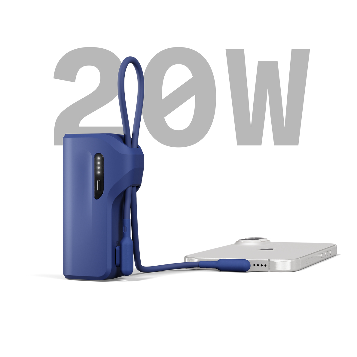 Power bank blu carica uno smartphone. 20W visualizzati.