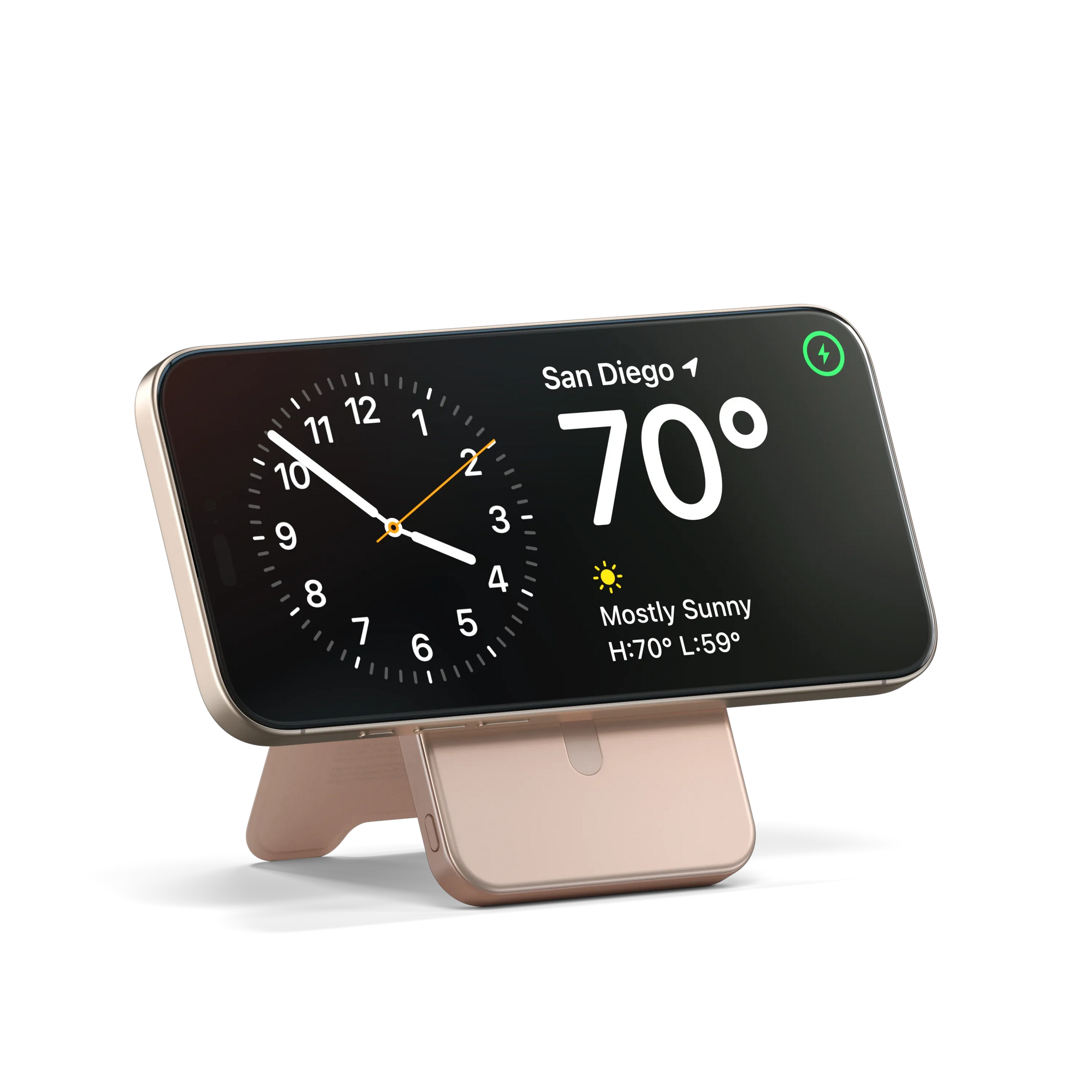 Ein goldfarbenes Smartphone auf einem Ständer zeigt eine Uhr und das Wetter an.
