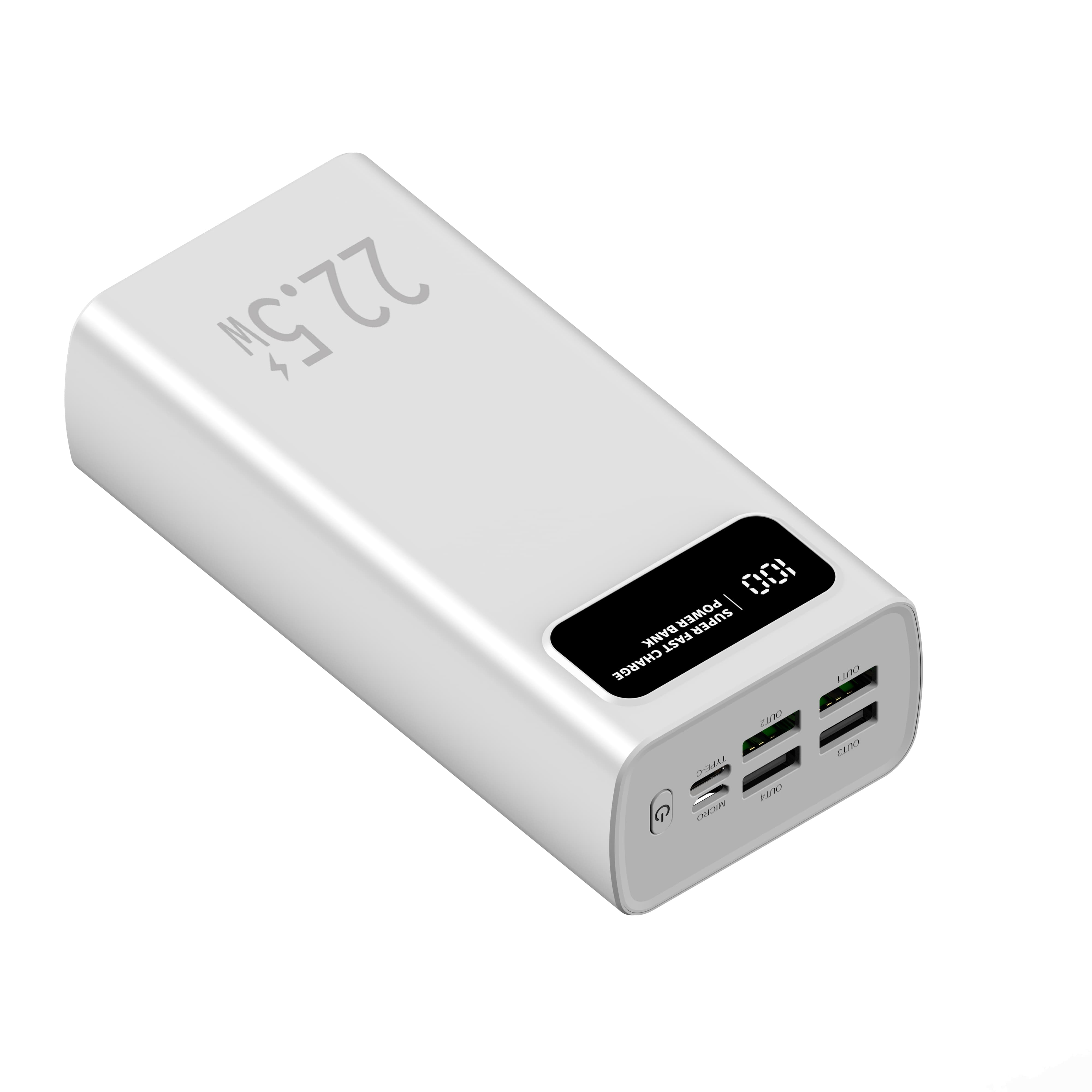 Un power bank bianco da 22,5 W con display digitale al 100%.