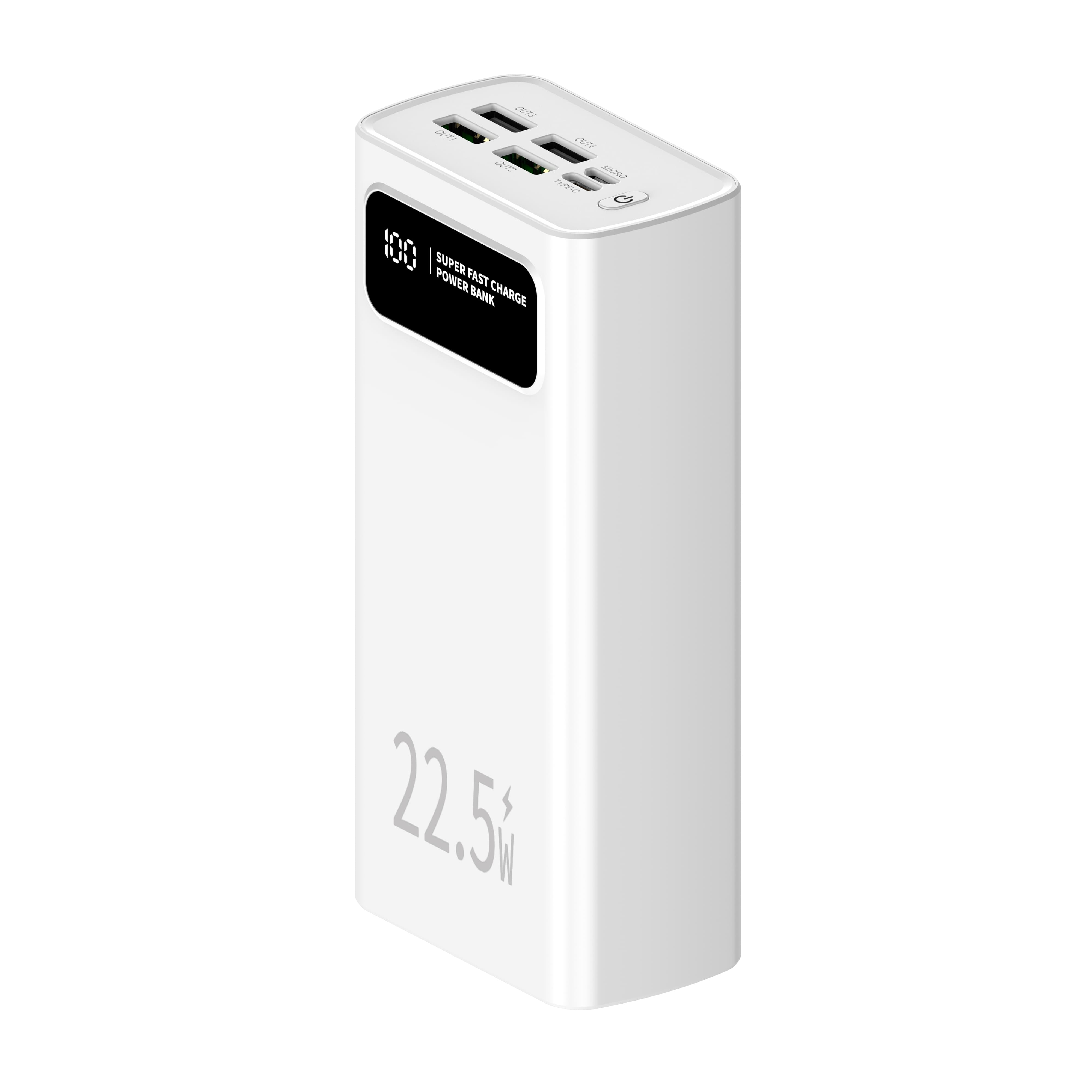 Power bank bianca con più porte e display digitale che mostra il 100% di carica.
