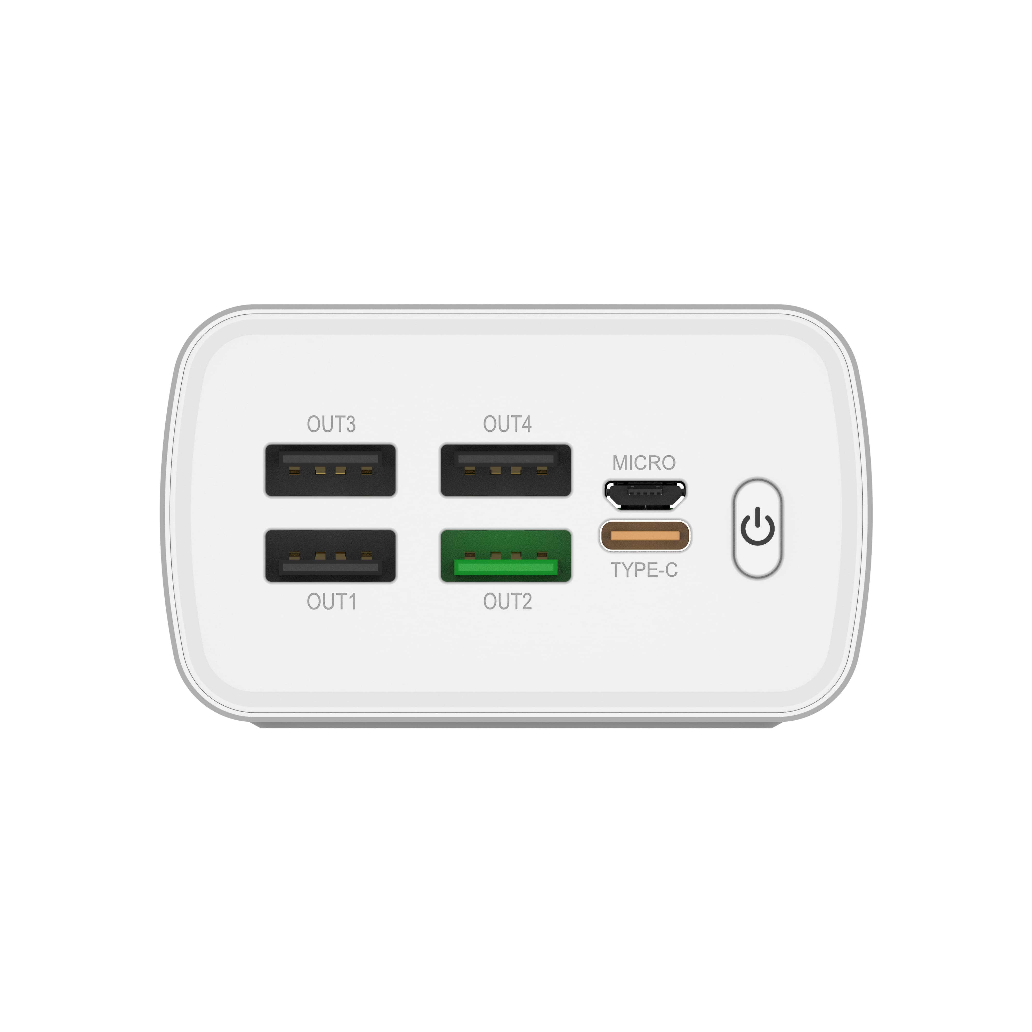 Un power bank bianco con 4 uscite: 3x USB-A, 1x USB-C, 1x Micro-USB e pulsante di accensione.