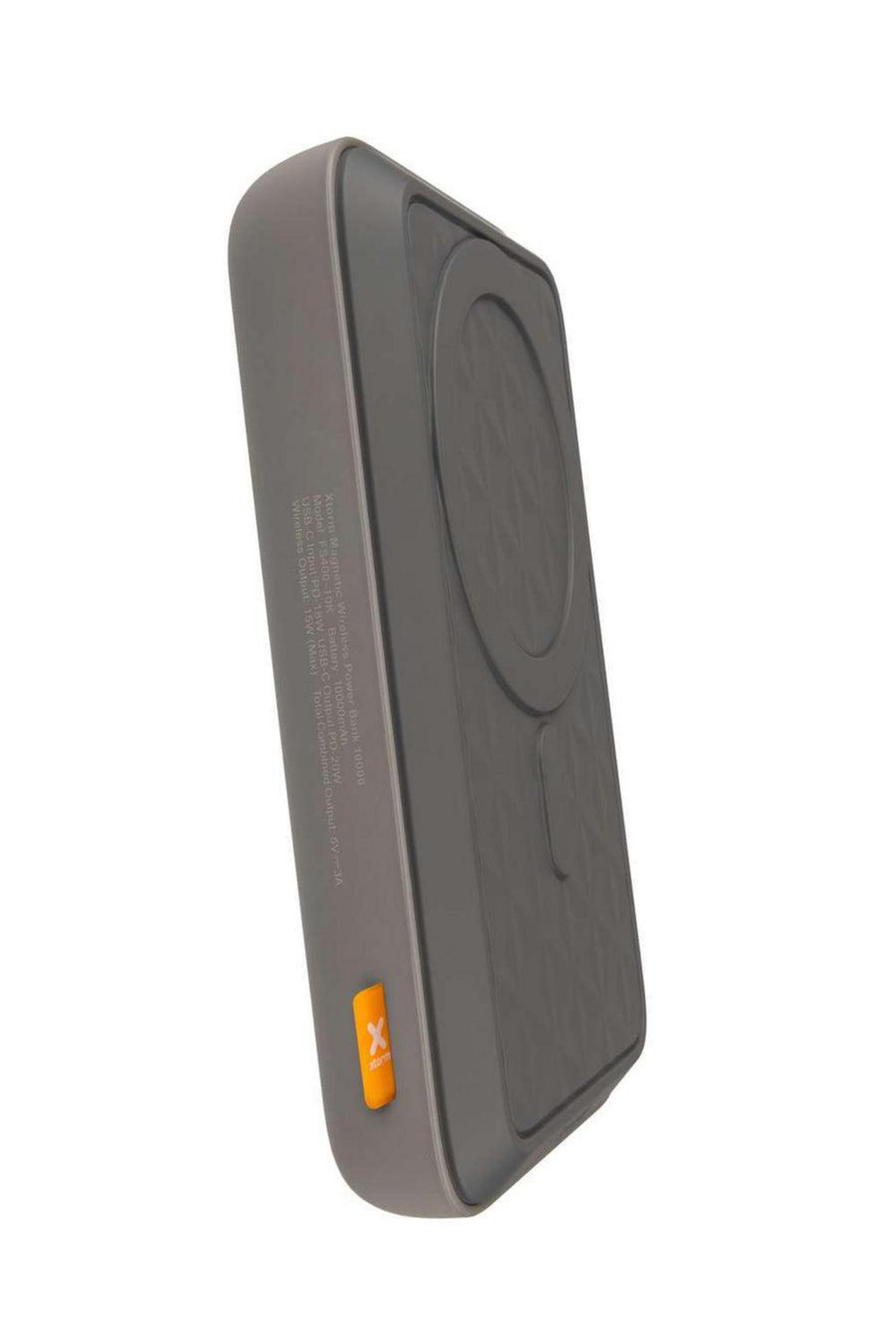 Grauer magnetischer Wireless Powerbank 10000 mAh mit orangem Logo.