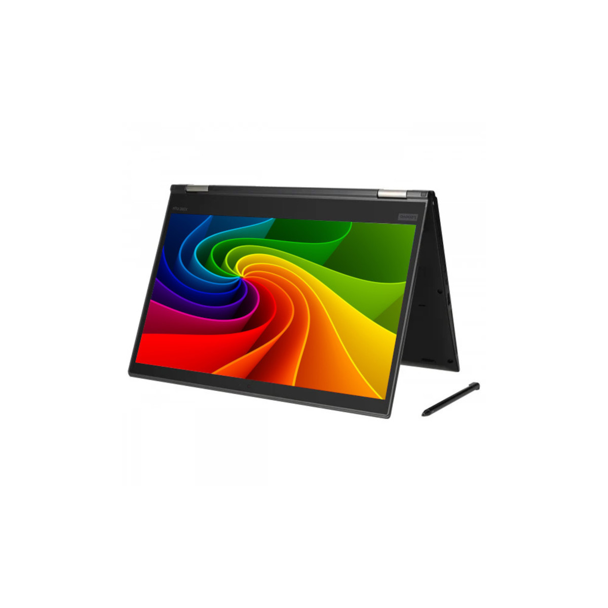 Ein offenes schwarzes Convertible-Notebook mit Stift und einem bunten Wirbelbildschirm.