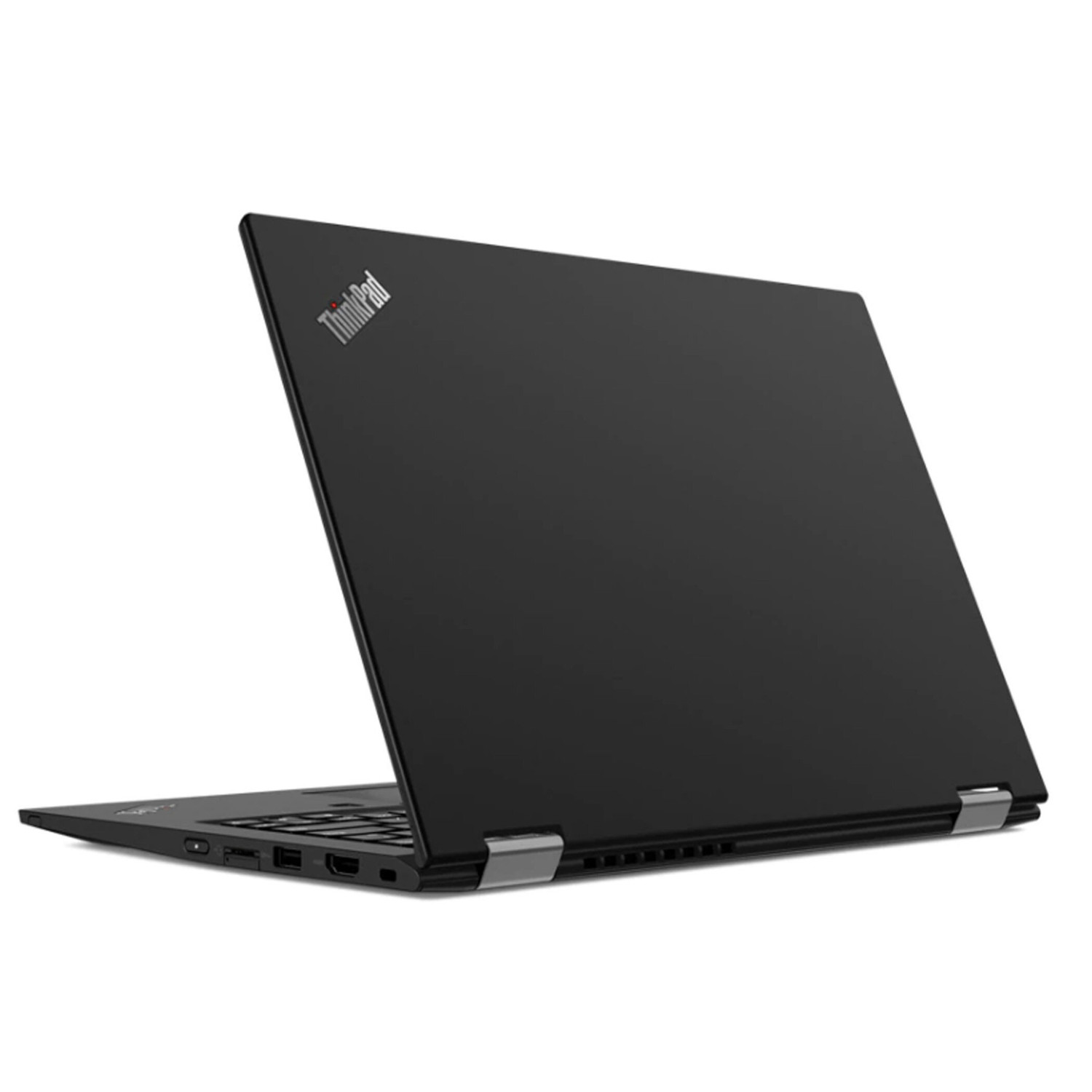Schwarzer Lenovo ThinkPad Laptop mit geöffnetem Bildschirm, seitliche Anschlüsse.