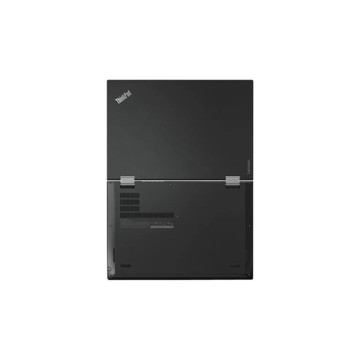 Schwarzer Lenovo ThinkPad Laptop von oben, geschlossen, mit Lüftungsschlitzen unten.