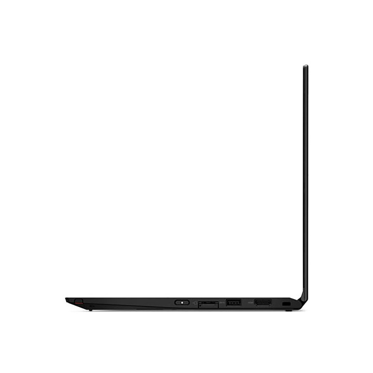 Seitenansicht eines schwarzen Laptops mit geschlossener Klappe und sichtbaren Anschlüssen.