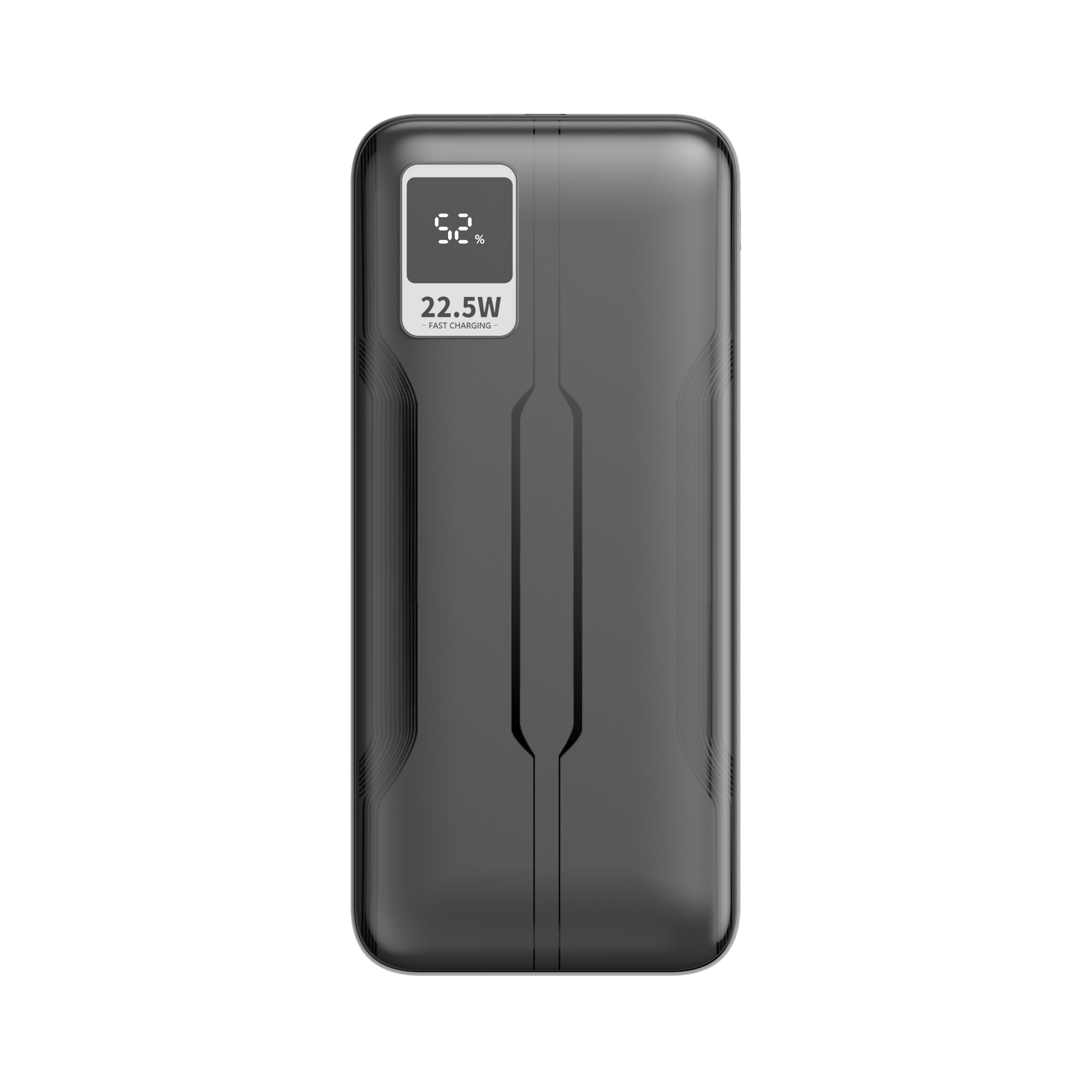 Power bank grigio con display digitale che mostra 52% e ricarica rapida 22,5W.